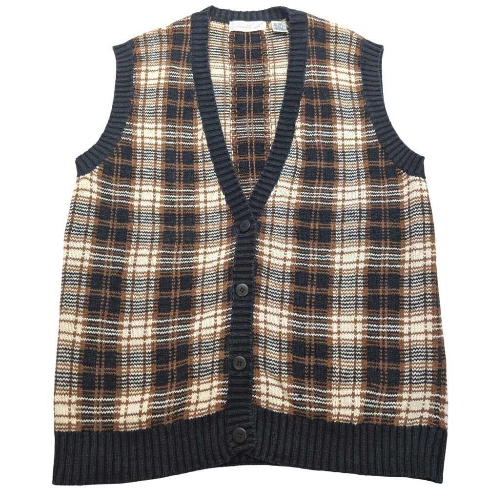 Y2K Laura Gayle Plaid Sweater Vest Womens Large‎ Brown  V-Neck Button Front